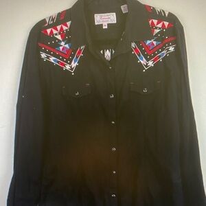 Black Western Button-Down Shirt with Red & Blue Embroidered Yoke